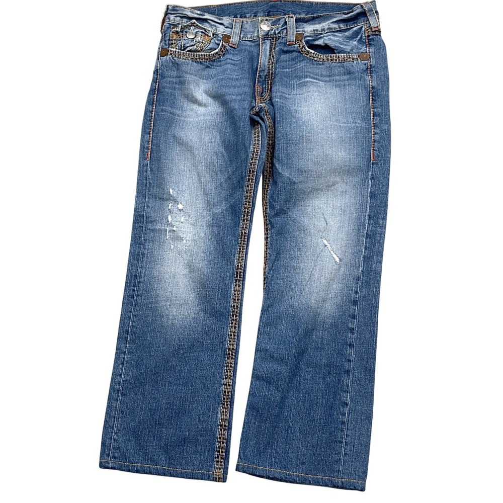 True Religion Jeans Men 38W 32L Blue Distressed‎ Denim Orange Stitching USA